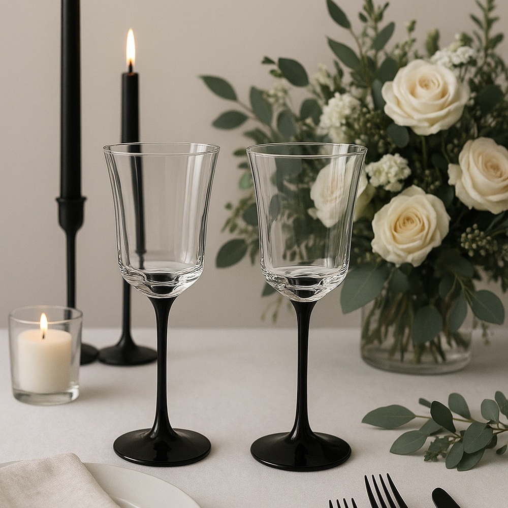 🍷Sophisticated Black Stem Wine/Water Glass Set of 4🇫🇷🍷made in France